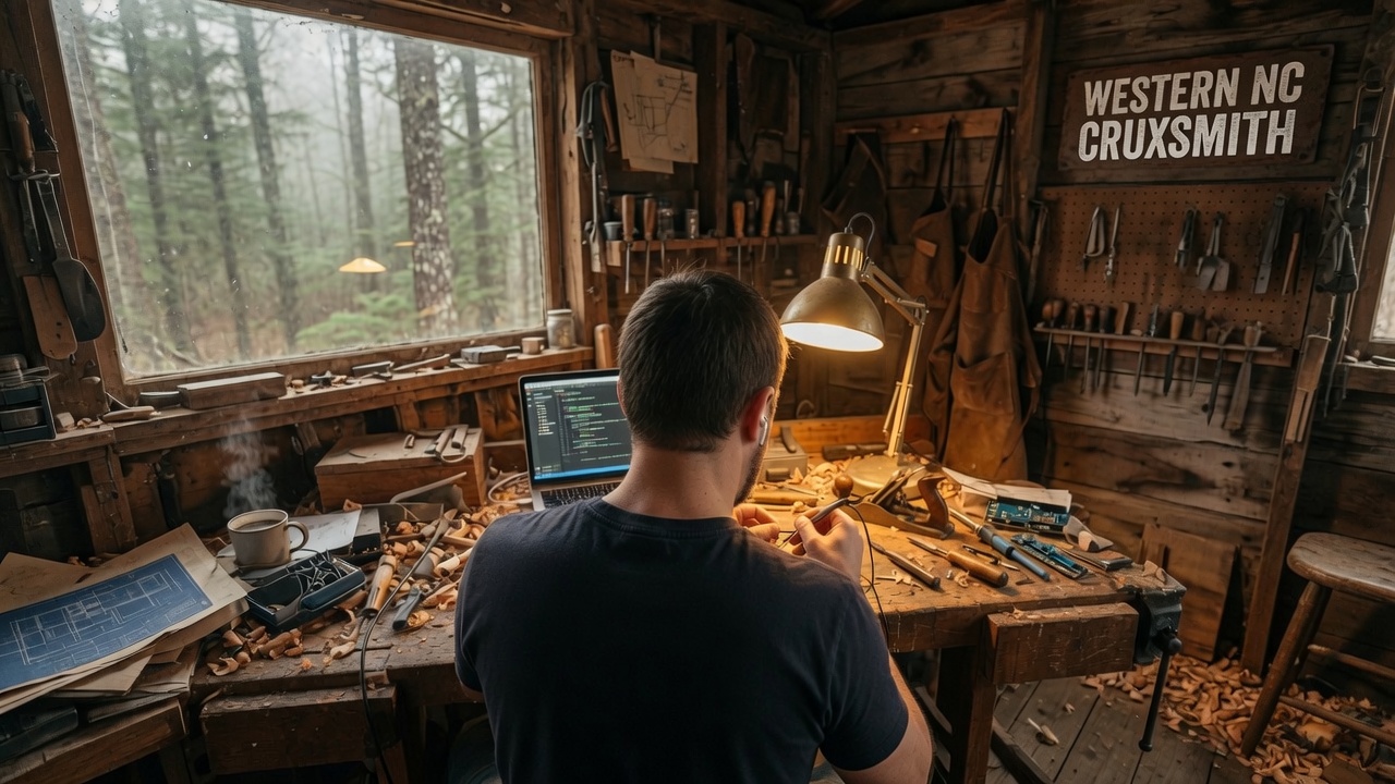 A developer working on a laptop at a wooden workbench in a Western North Carolina cabin workshop, hand tools on the pegboard and forest through the window.
